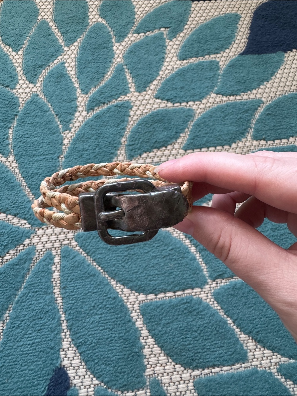 Braided Straw/Cork Belt Bracelet with Antique Silver Buckle - Tan